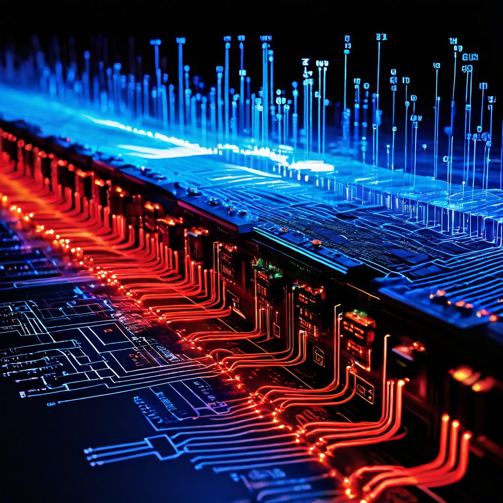 HDMI 포트의 발전 과정을 타임라인으로 보여주며, 데이터 대역폭이 증가할수록 빛과 이진 코드의 강이 넓어지는 모습을 시각화한 이미지입니다.
