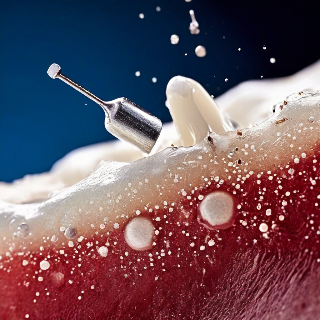 치아 에나멜 표면을 미세한 연마 입자가 치석과 얼룩을 물리적으로 제거하며 닦아내는 과정을 확대해 보여주는 치과 위생 관리 이미지입니다.
